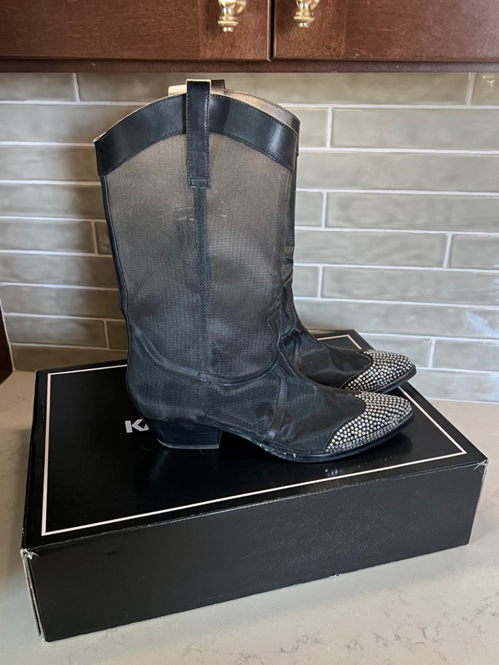 Karl Lagerfeld Lakota Rhinestone Black Mesh Western  Cowboy Boot Studded Toe - Picture 5 of 13